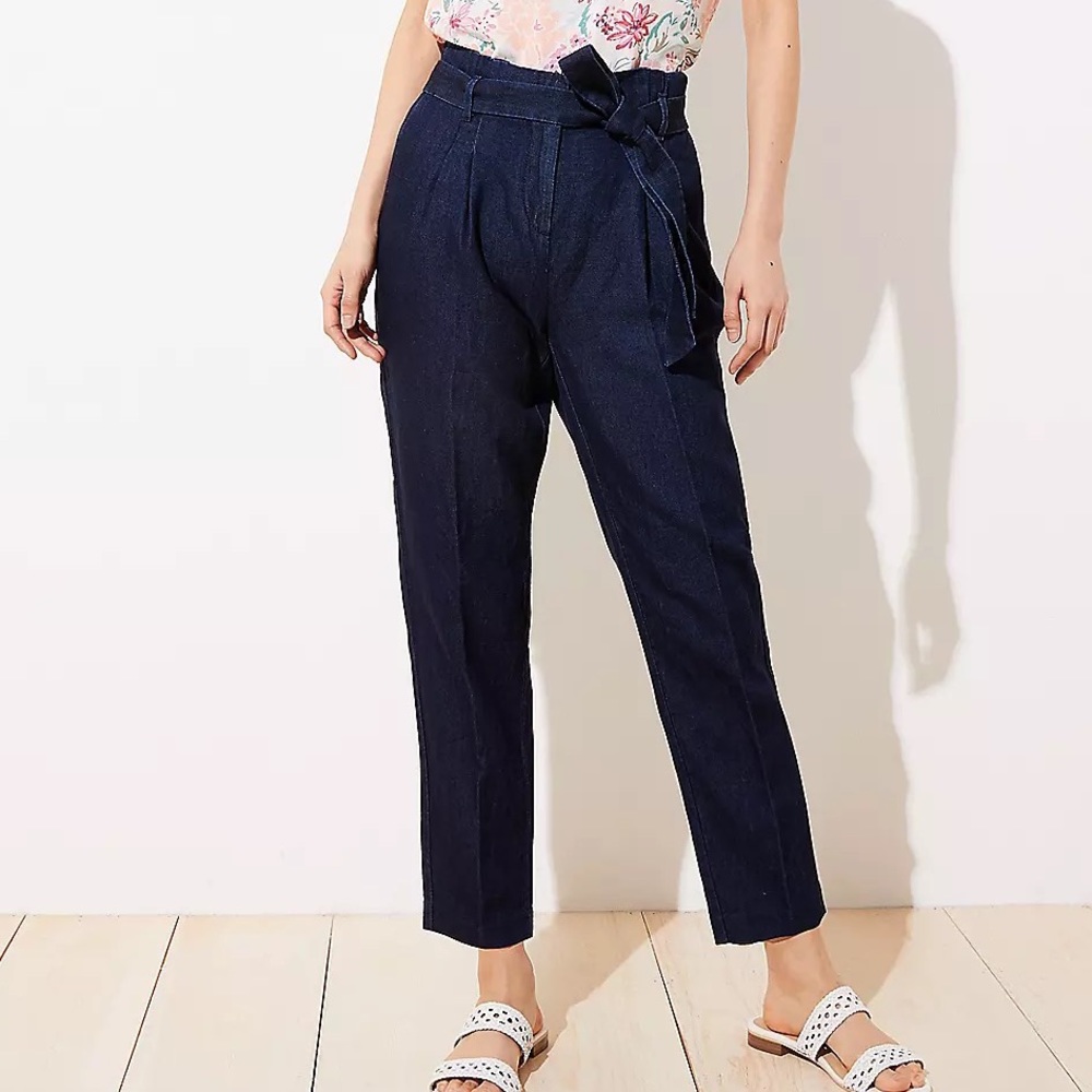 ANN TAYLOR LOFT Tie Waist Slim Pants Dark Blue/Denim